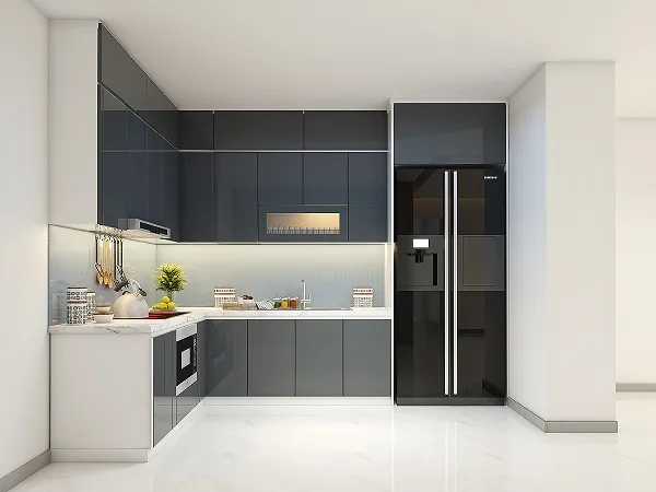 Nếu không gian bếp của bạn không lớn, bạn có thể lựa chọn kiểu tủ bếp chữ L như thế này, màu sắc trang nhã, sang trọng khiến cho phòng bếp của bạn trông khá rộng rãi