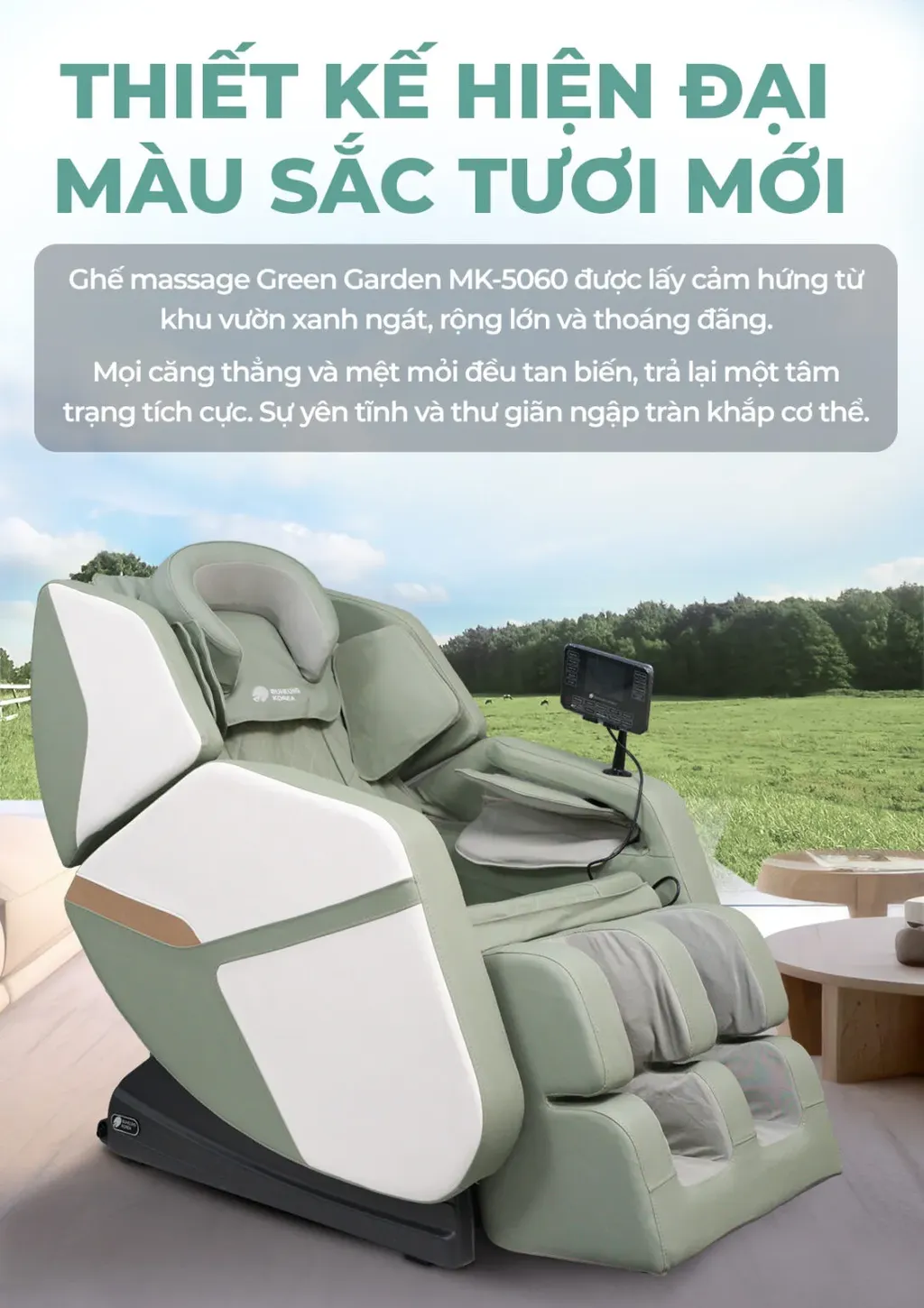 Màu xanh của ghế massage Buheung Green Garden MK-5060 được lấy cảm hứng từ khu vườn xanh ngát - Giá tham khảo: 35,900,000VNĐ