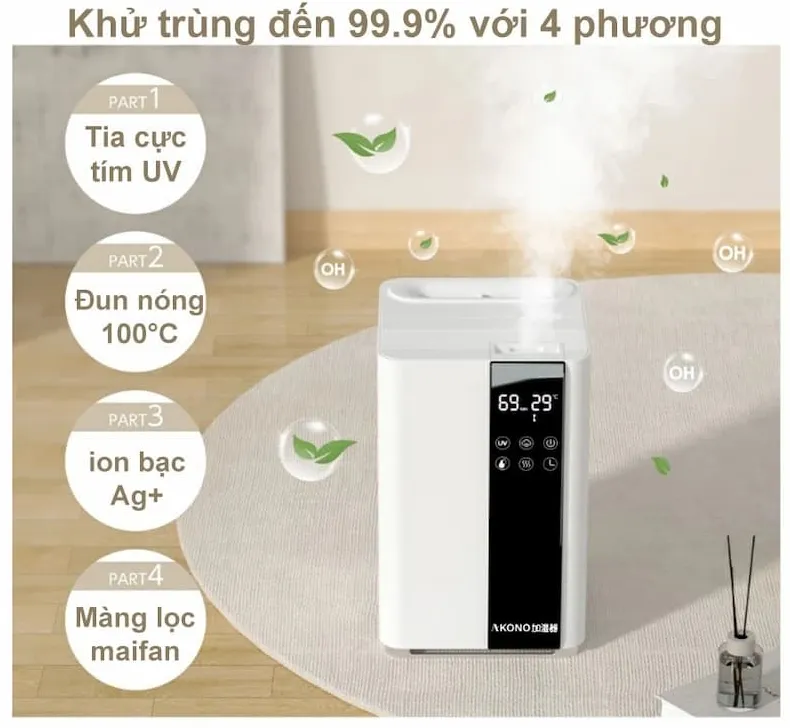 Với công nghệ ion bạc, máy tạo độ ẩm Akono AK0H305 có thể khử trùng đến 99.9% không khí xung quanh