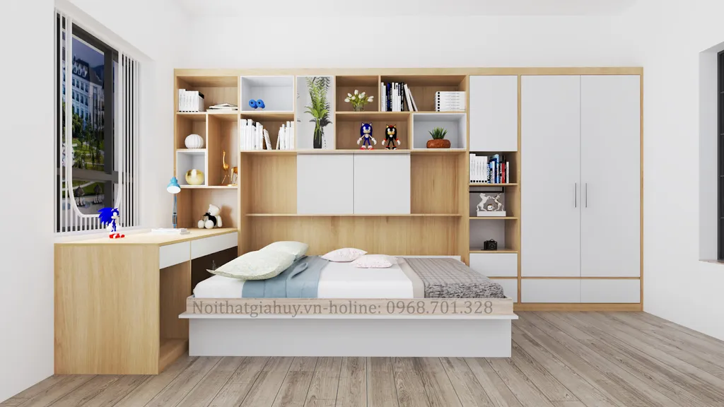 Việc sử dụng mẫu giường ngủ thông minh kết hợp tủ trang trí giúp bạn tiết kiệm không gian rất nhiều