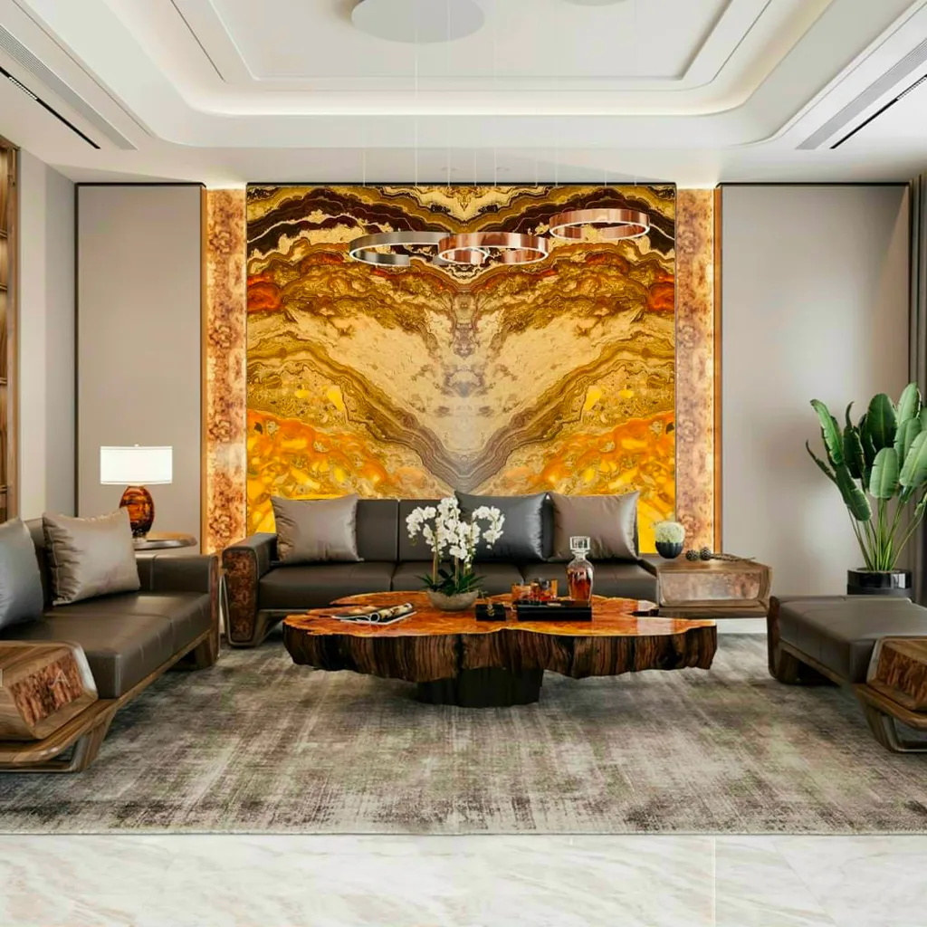 Bức tranh đá đối xứng có thể được đặt ở vị trí trung tâm trên tường phòng khách, tạo ra một điểm nhấn mạnh mẽ và thu hút sự chú ý ngay từ khi bước vào không gian.