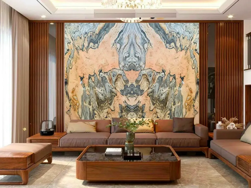 Bức tranh đá đối xứng có thể được sử dụng để tạo ra một điểm nhấn nghệ thuật và thị giác cho không gian phòng khách.