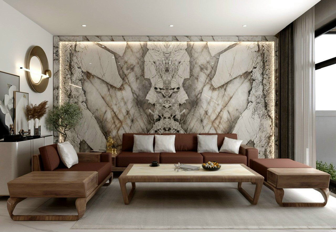 Bức tranh đá đối xứng có thể được sử dụng để tạo ra một không gian phòng khách thư giãn và thoải mái. Với sự kết hợp của màu sắc tự nhiên của đá và hiệu ứng đối xứng, nó có thể tạo ra một không gian tĩnh lặng và tạo cảm giác an yên cho gia đình.