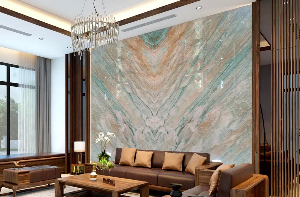 Tường phòng khách được trang trí bằng một bức tranh đá đối xứng lớn, là điểm nhấn chính giữa không gian. Bức tranh có thể bao gồm các mảnh đá tự nhiên được sắp xếp đối xứng qua trục tạo ra một hiệu ứng đồng đều và hấp dẫn.