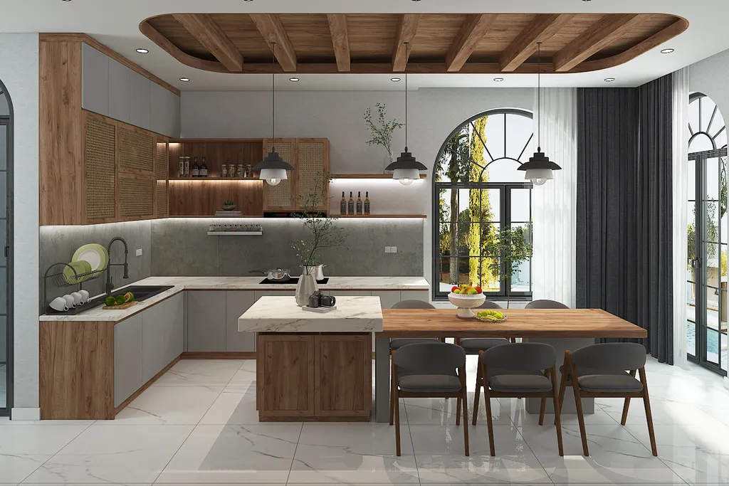 Hệ thống tủ bếp và đèn led mang đến một cảm giác ấm cúng cho căn phòng bếp phong cách Hiện đại