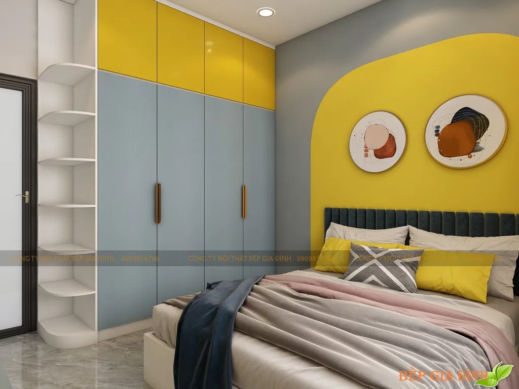 Phòng ngủ cho bé được kết hợp giữa màu sắc trắng sữa, xanh dương và vàng đẹp mắt