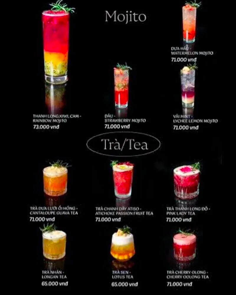 Hình ảnh menu mojito và trà của quán Sori Garden