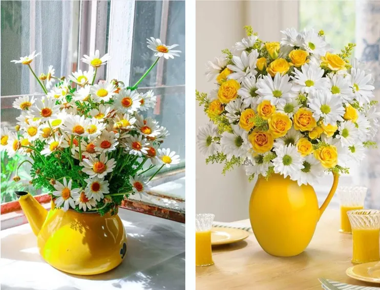 Chọn một bình hoa lạ mắt cùng những cành hoa cúc trắng cũng là cách thể hiện sở thích và tính cách của riêng bạn. Có thể điểm thêm vài bông hồng vàng cho bình hoa nếu bạn thích nè!