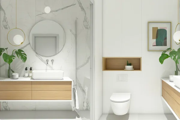 Nhà vệ sinh Ssử dụng gam màu trung tính và vật liệu đơn giản