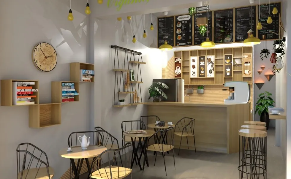 Thiết kế quán cafe nhỏ tận dụng các góc tường để bố trí kệ sách, giá treo tranh hoặc tủ đựng đồ
