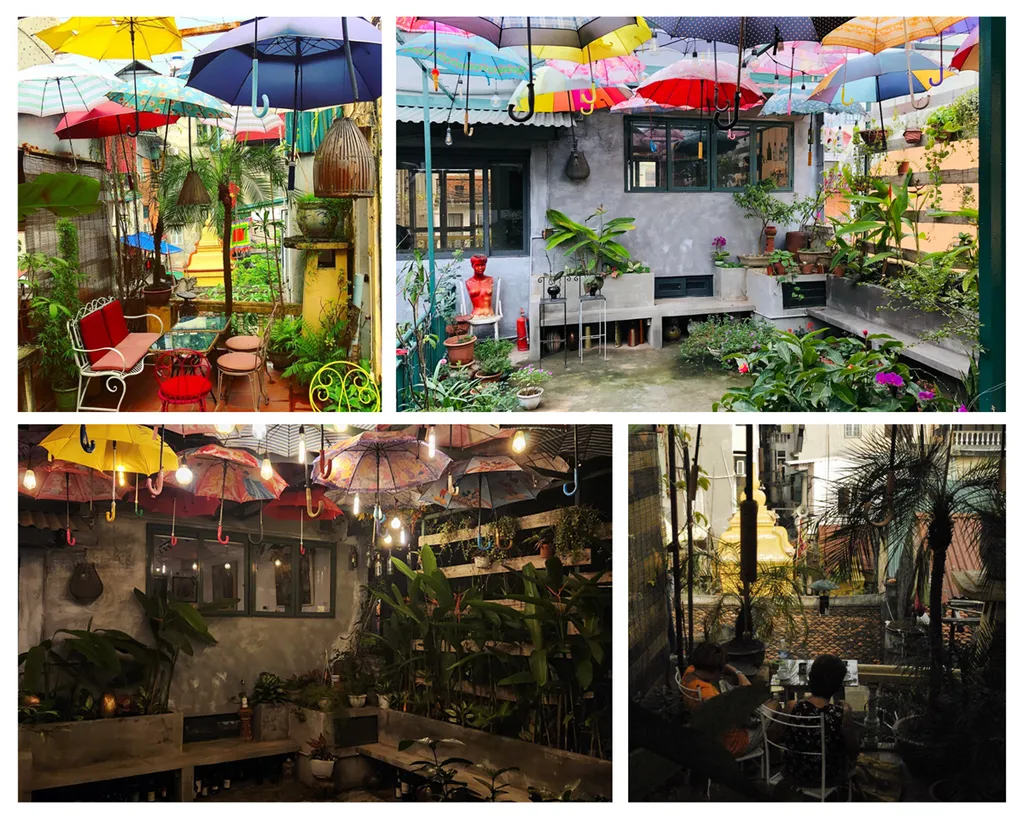 Nếu bạn là một người thích khí trời thì bạn nên lựa chọn tầng thượng của Nola Cafe. Khu vực này được trang trí vô cùng bắt mắt với những chiếc dù đầy màu sắc, thay thế cho mái hiên che nắng (Top quán cafe đẹp ở Hà Nội)