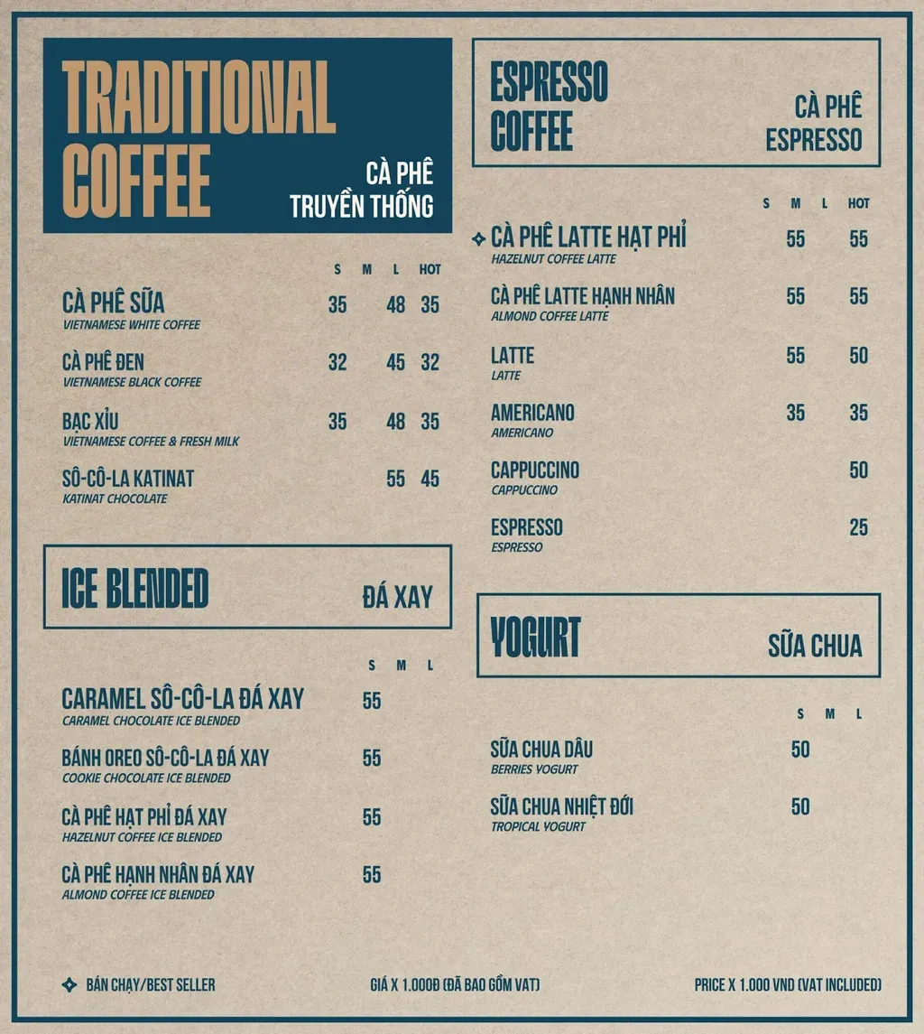 Bảng giá cafe trong menu Katinat 