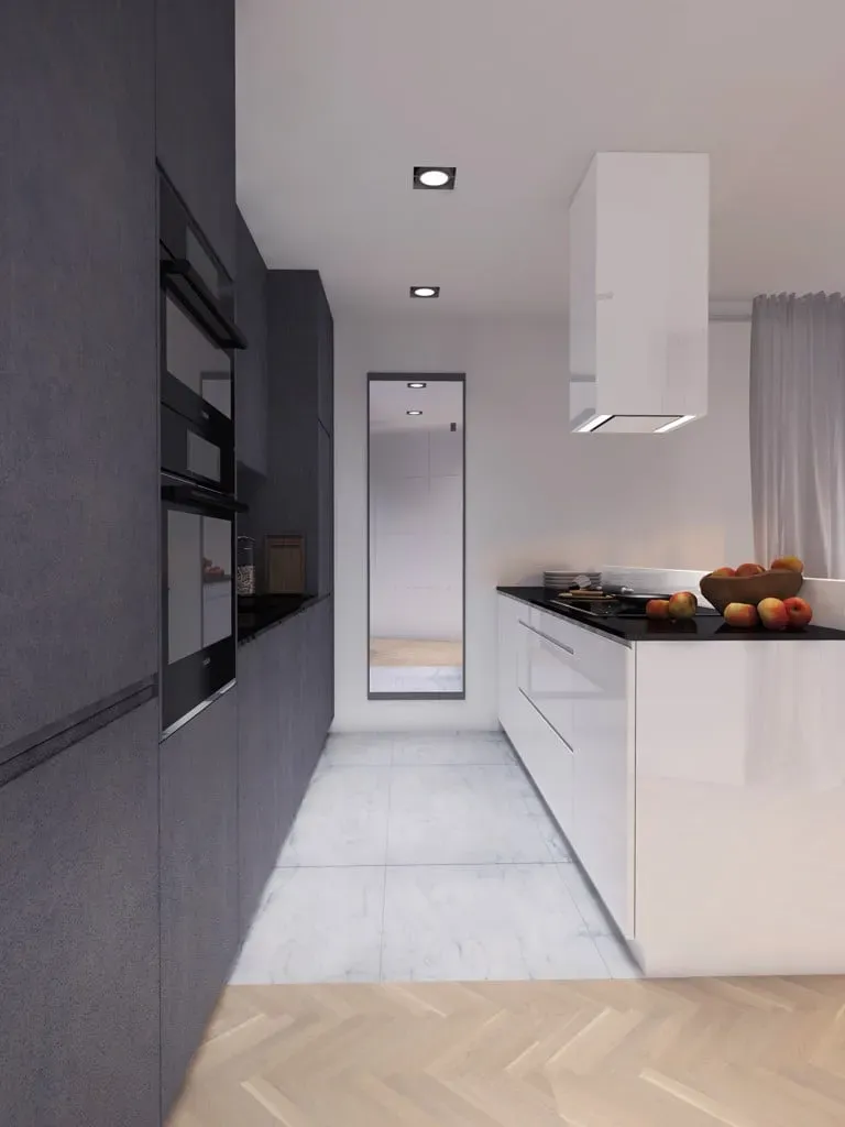 Chủ sở hữu có thể tự do bố trí các thiết bị bếp hoặc tủ bếp dọc 2 phần tường song song tùy vào thói quen và nhu cầu sử dụng