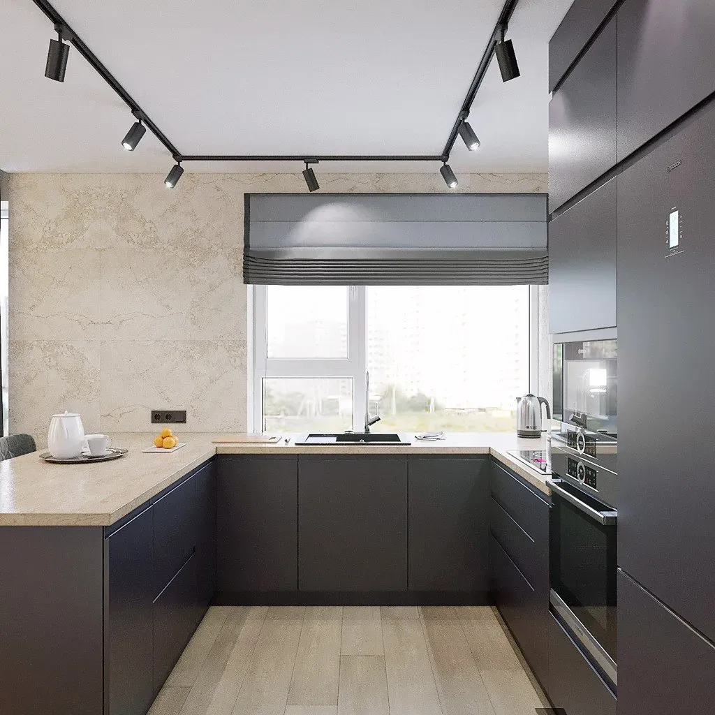 Kiểu bếp này đặc biệt phù hợp với không gian căn hộ rộng, với diện tích lớn cho nhiều thiết bị nhà bếp và hệ tủ lưu trữ.