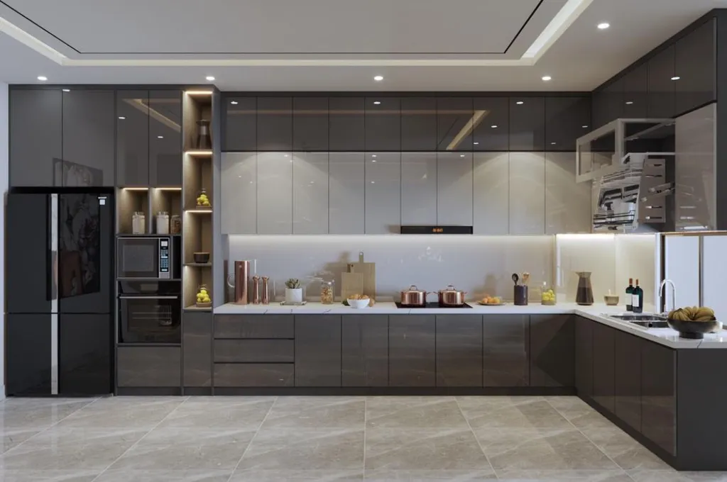 Tủ bếp kịch trần cần được thiết kế với kích thước phù hợp với diện tích và chiều cao của gian bếp