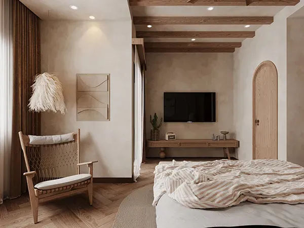 Phòng ngủ nhỏ wabi sabi mang một nét đẹp mộc mạc mà vẫn sang trọng