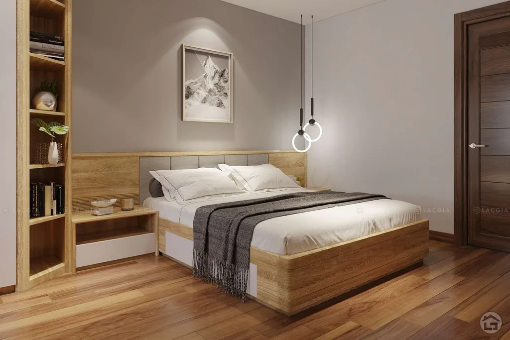 Phòng ngủ cho 2 vợ chồng với tone màu gỗ nhẹ nhàng