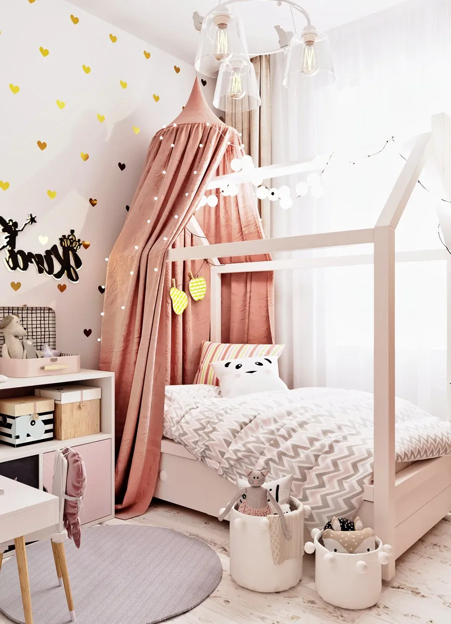 Phòng ngủ cho bé gái với tone màu hồng - trắng nhẹ nhàng