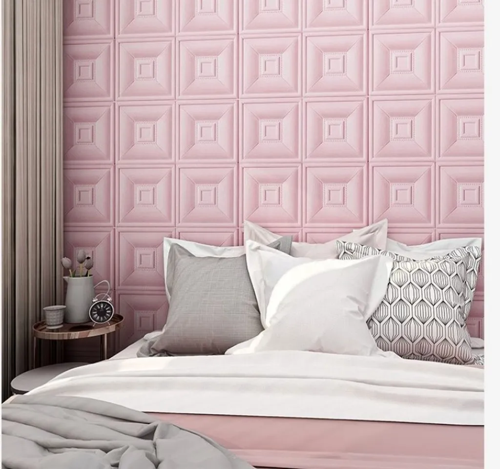 Phối màu xốp dán tường phòng ngủ cùng tông với nội thất