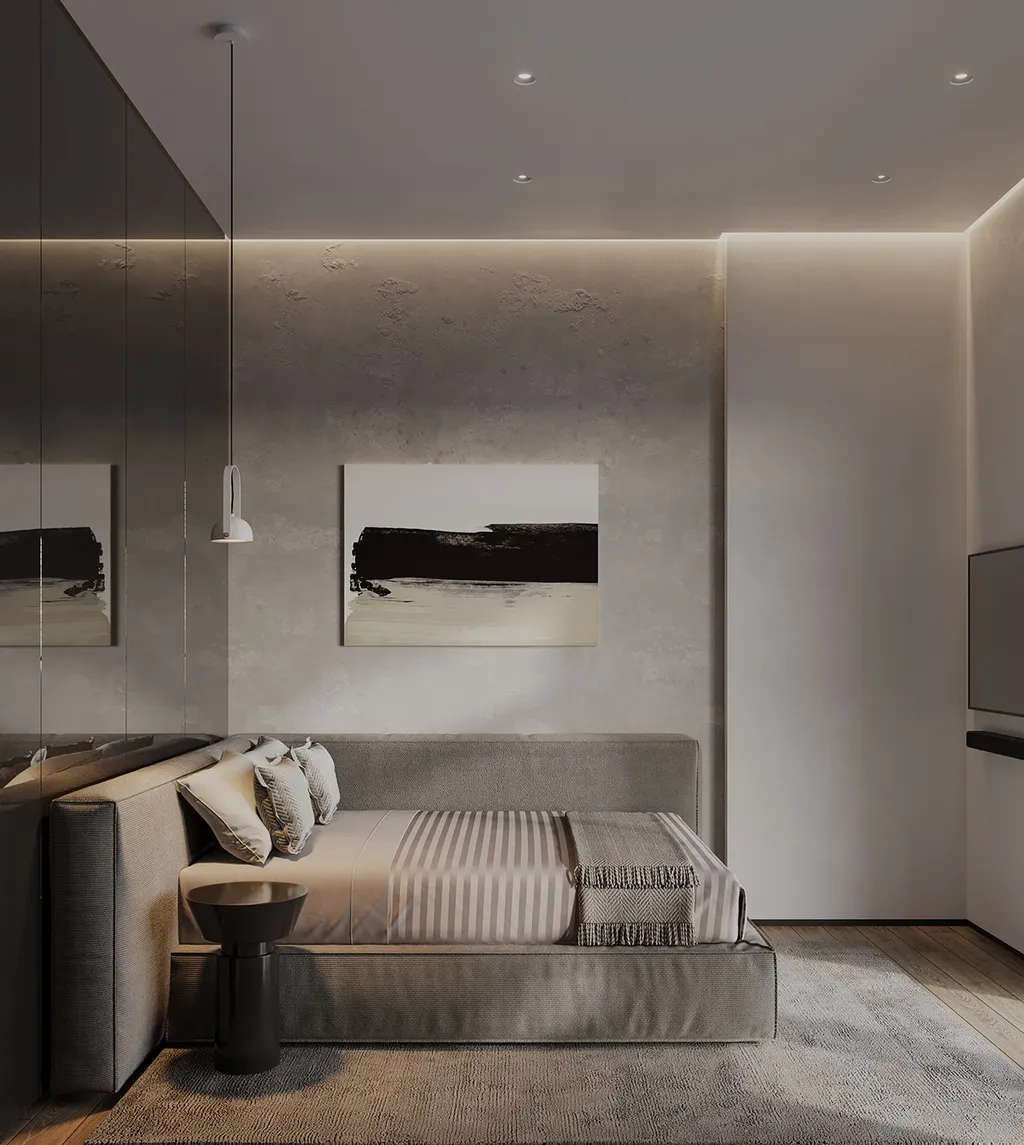 Nhiều vợ chồng thích mẫu thiết kế phòng ngủ 9m2 với màu xám để tạo cảm giác hiện đại, thanh lịch mà còn dễ phối hợp với các màu sắc và vật liệu khác