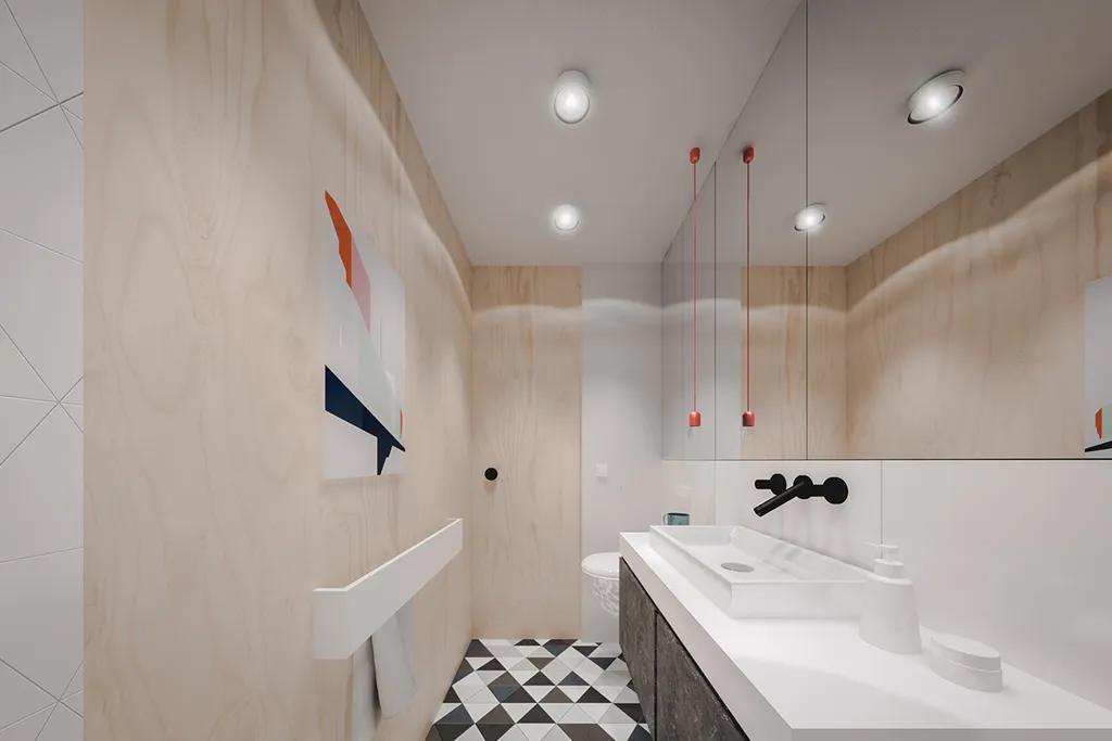 Phòng tắm tuy nhỏ nhưng vì được kết hợp bởi các cánh tủ ẩn thông minh nên vẫn mang lại cảm giác gọn gàng và tiện nghi (Mẫu thiết kế căn hộ 35m2 1 phòng ngủ)