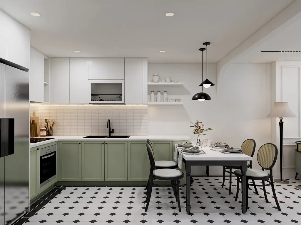 Không gian bếp ở mẫu thiết kế căn hộ 1 phòng ngủ phong cách Indochine