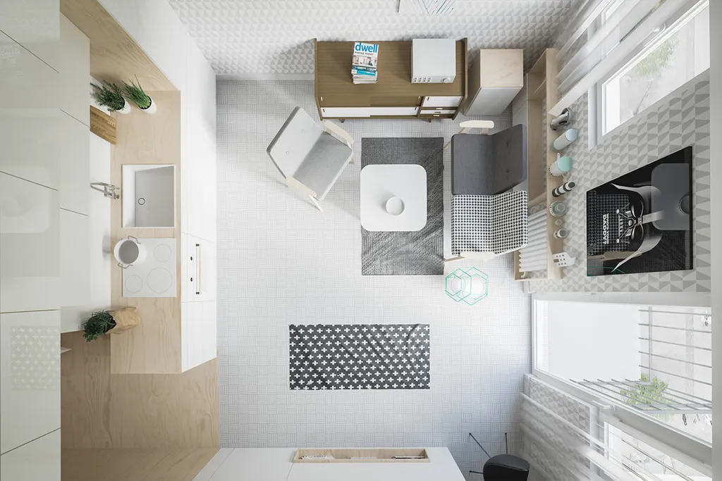 Mẫu căn thiết kế căn hộ 35m2 1 phòng ngủ với tông trắng, mang đến cảm giác thoáng mát và rộng rãi