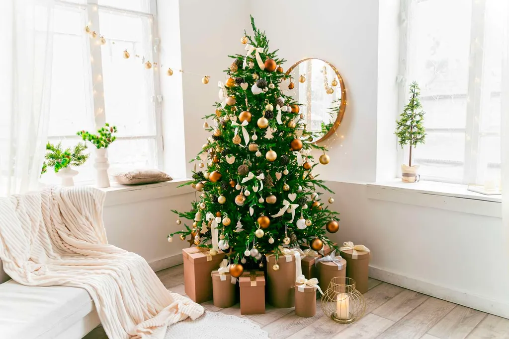 Mẫu cây thông Noel với quả châu và nơ trang trí