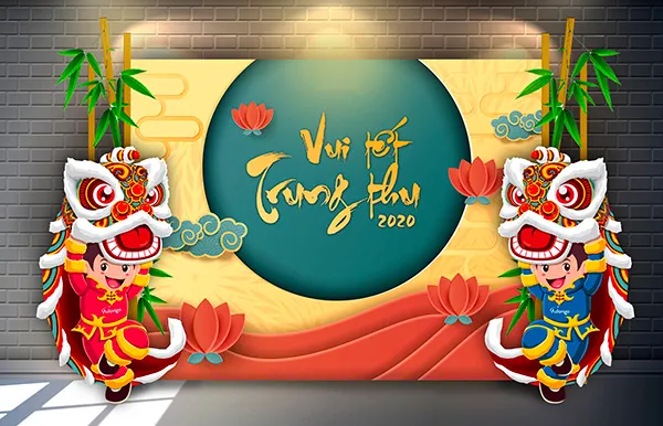 Trang trí Trung thu ngoài trời với mẫu backdrop hoạ tiết con lân