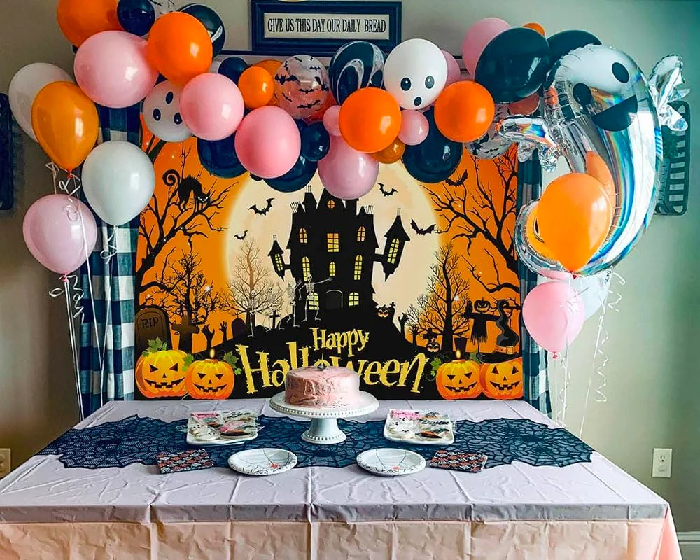 Mẫu trang trí Halloween với background và bóng bay 