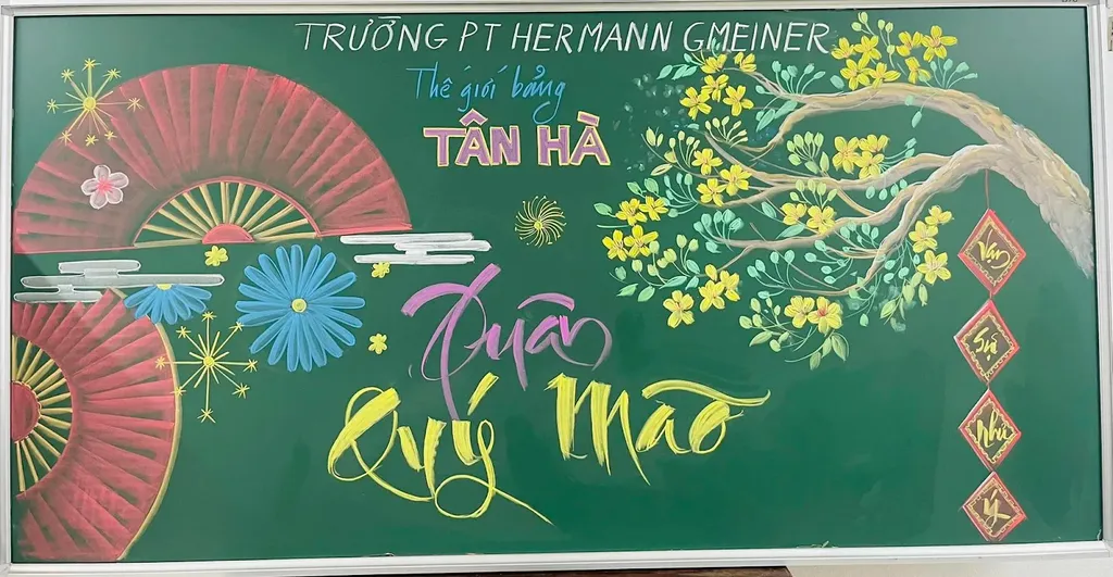 Mẫu trang trí bảng đen với hình ảnh quạt giấy và cây mai