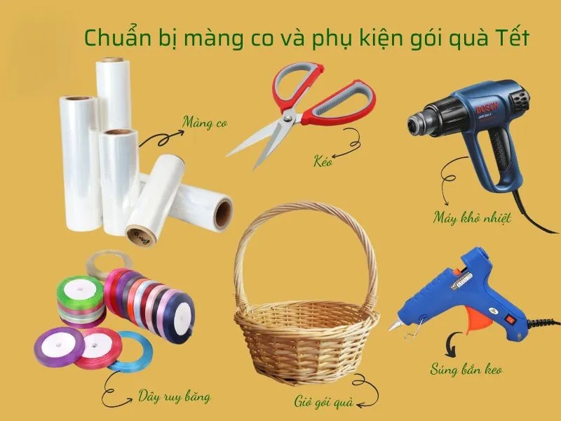 Chuẩn bị dụng cụ làm giỏ quà Tết đầy đủ trước khi bắt tay vào thực hiện