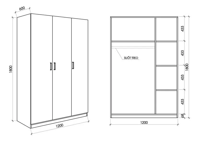 Kích thước tủ quần áo 3 cánh phổ biến