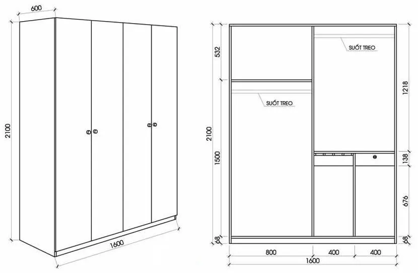 Kích thước tủ quần áo 4 cánh phổ biến