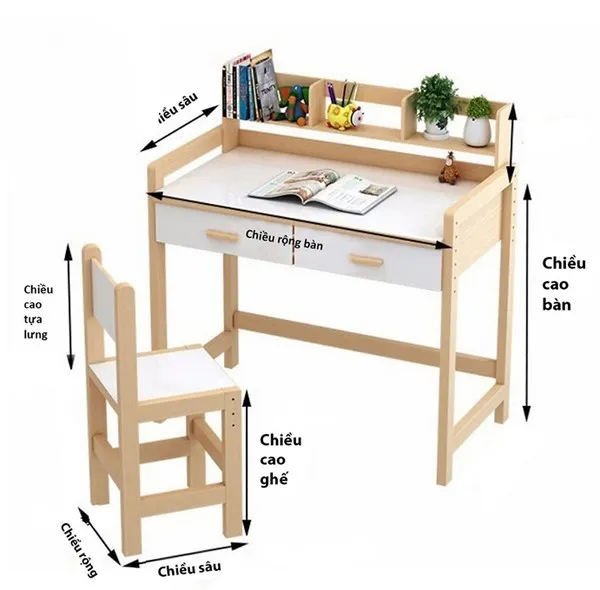 Chiều cao, chiều rộng và chiều sâu là 3 kích thước bàn học mà phụ huynh cần nắm khi lựa chọn bàn học cho con