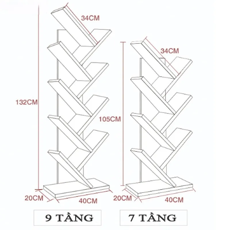 Kích thước kệ sách xương cá tham khảo