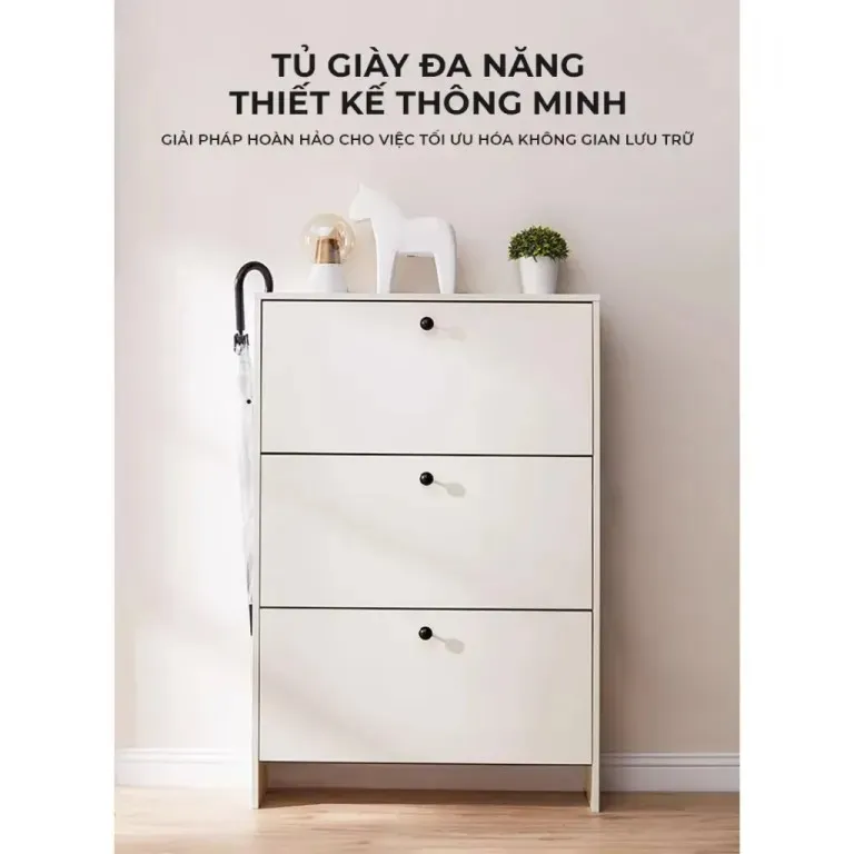 Mẫu tủ giày gỗ công nghiệp 3 ngăn cánh xoay lật gọn gàng