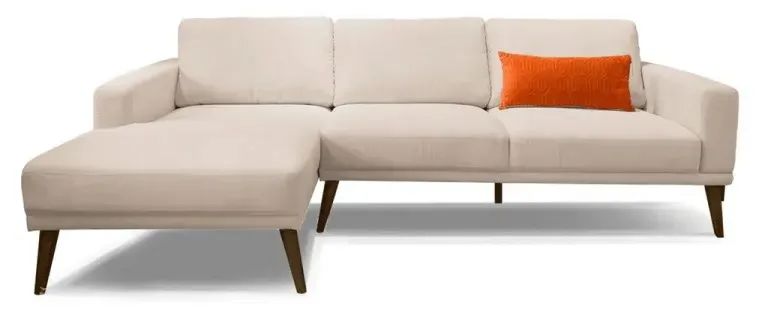 Mẫu ghế sofa chữ L chân gỗ cao, kiểu dáng thanh lịch, màu sắc nhẹ nhàng