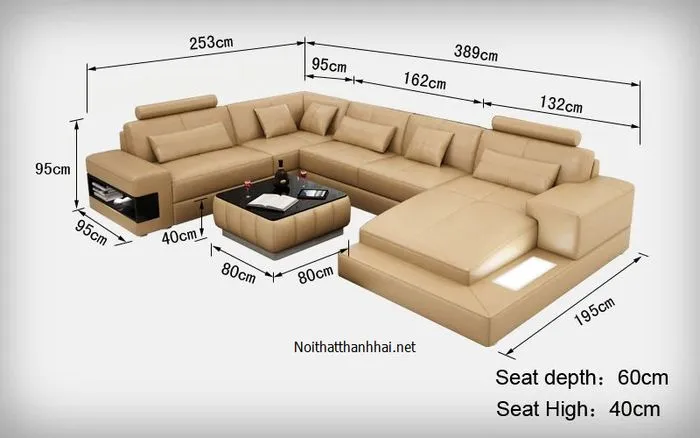 Kích thước ghế sofa chữ L size lớn tham khảo