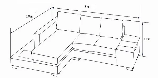 Ghế sofa chữ L kích thước 300 x 180 x 90 cm