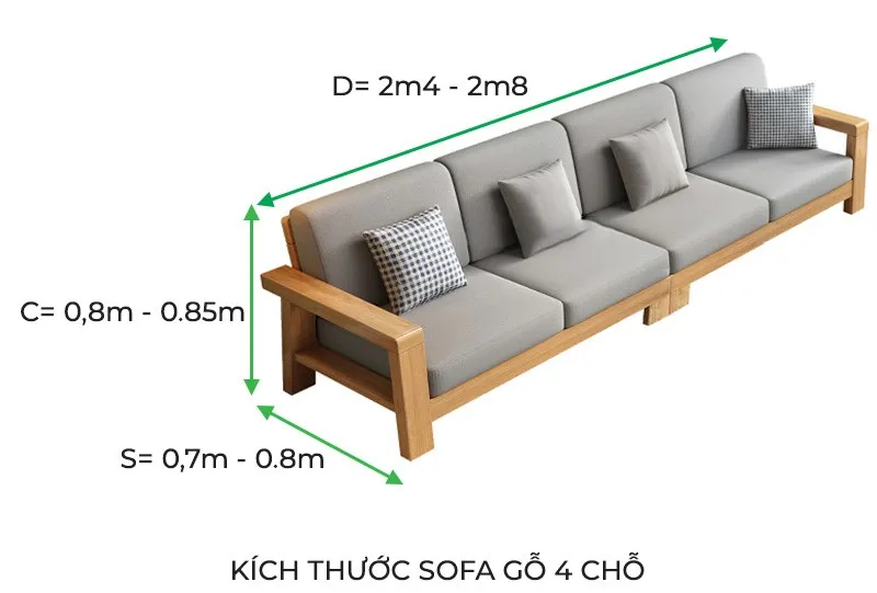 Kích thước sofa gỗ 4 chỗ ngồi tham khảo