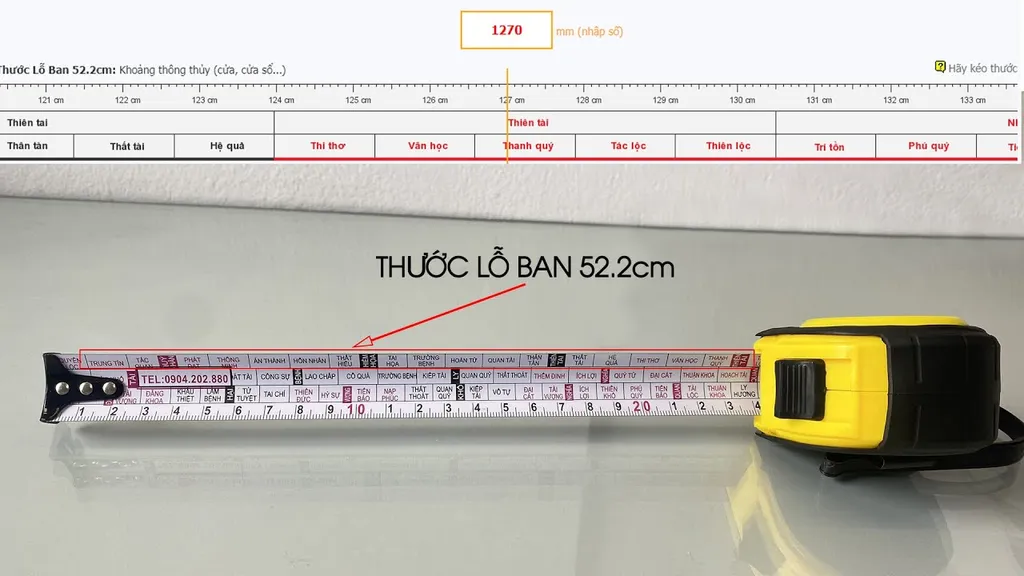 Thước Lỗ Ban 52.2 được sử dụng để đo kích thước thông thủy cửa chính 4 cánh