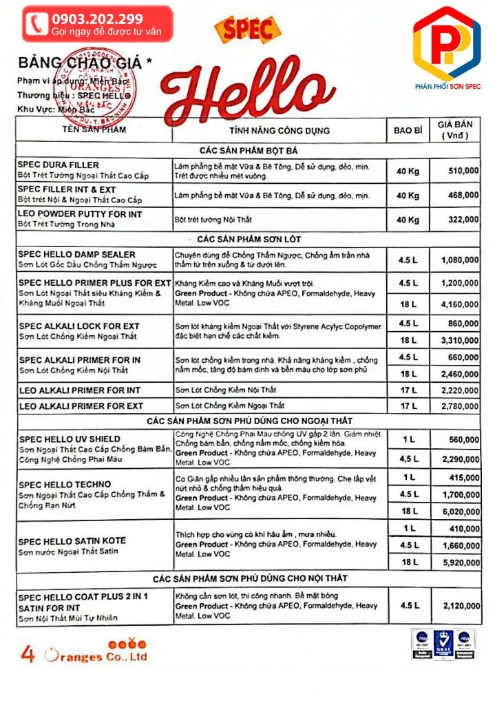 Bảng giá sơn Spec 2024