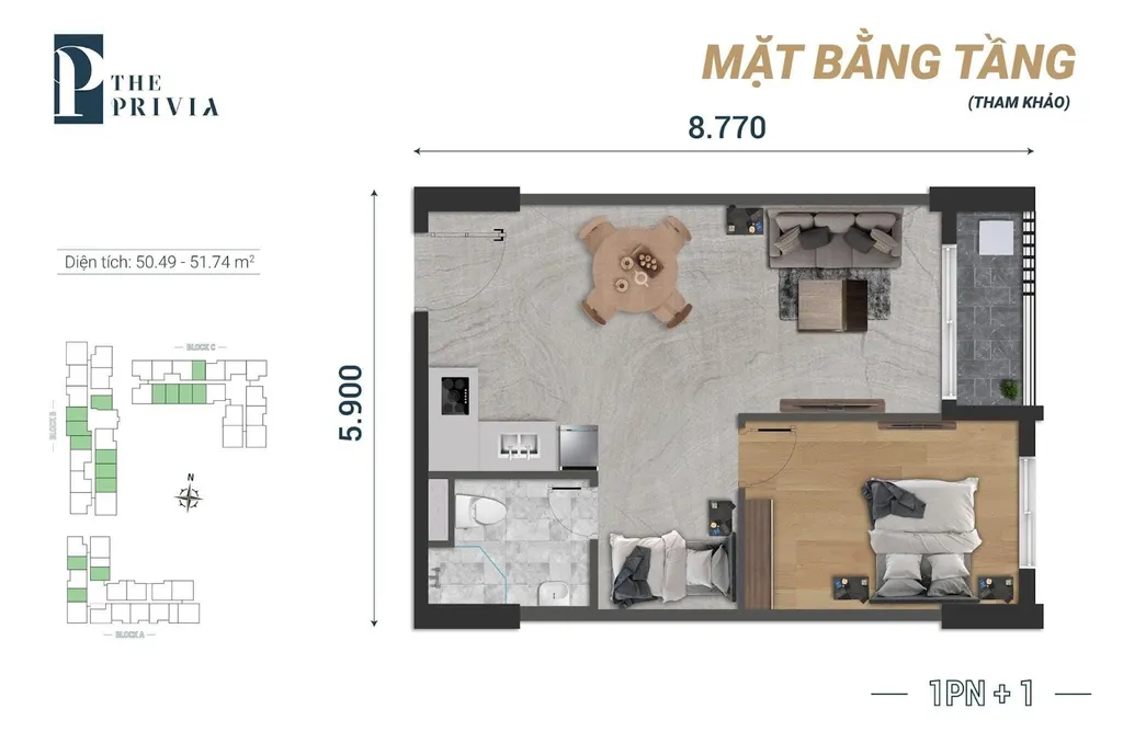 Mặt bằng căn hộ 1 phòng ngủ + 1 - The Privia