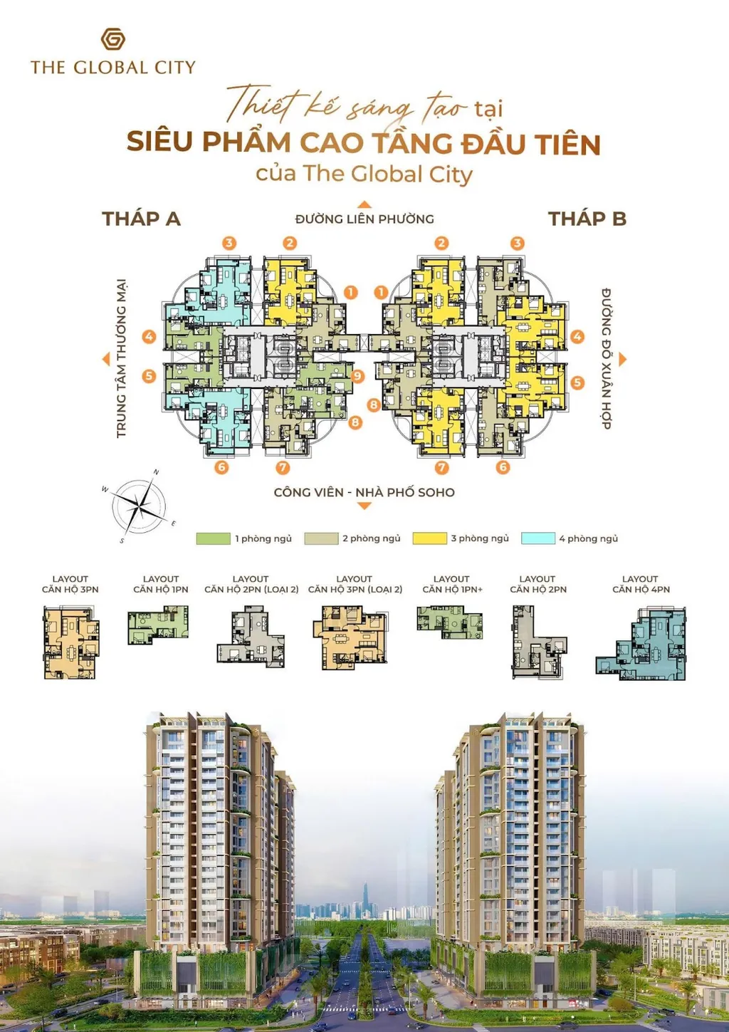 Phối cảnh mặt bằng Tháp A và Tháp B của khu căn hộ cao tầng thuộc The Global City