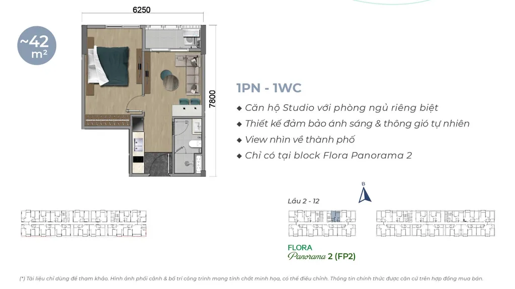 Mặt bằng căn hộ studio 1 phòng ngủ - 1 WC, diện tích 42m2 tại Flora Panorama 2 - Mizuki Park