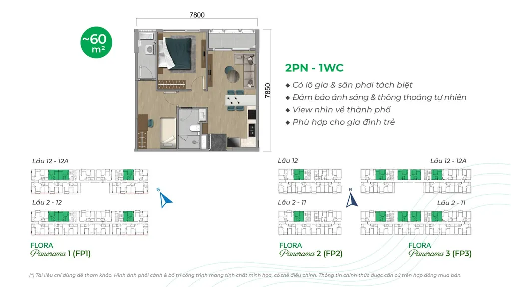 Mặt bằng căn hộ 2 phòng ngủ - 1 WC, diện tích 60m2 tại Flora Panorama 1-2-3 - Mizuki Park