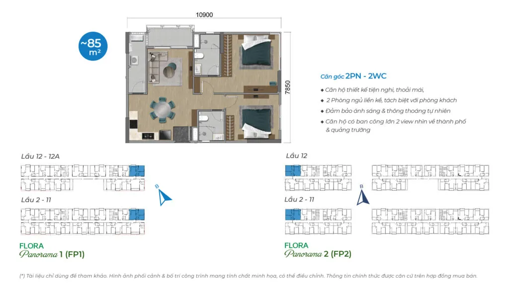 Mặt bằng căn hộ 2 phòng ngủ - 2 WC, diện tích 85m2 tại Flora Panorama 1-2 - Mizuki Park