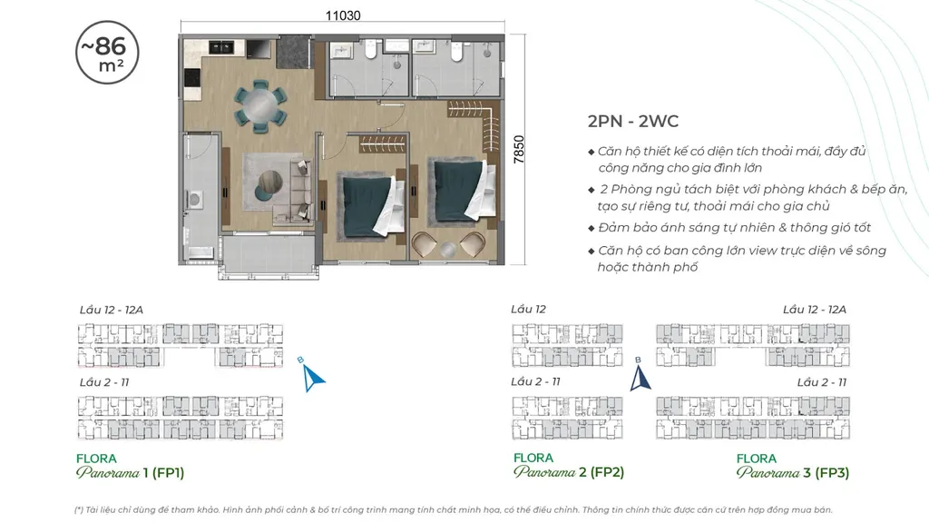 Mặt bằng căn hộ 2 phòng ngủ - 2 WC, diện tích 86m2 tại Flora Panorama 1-2-3 - Mizuki Park