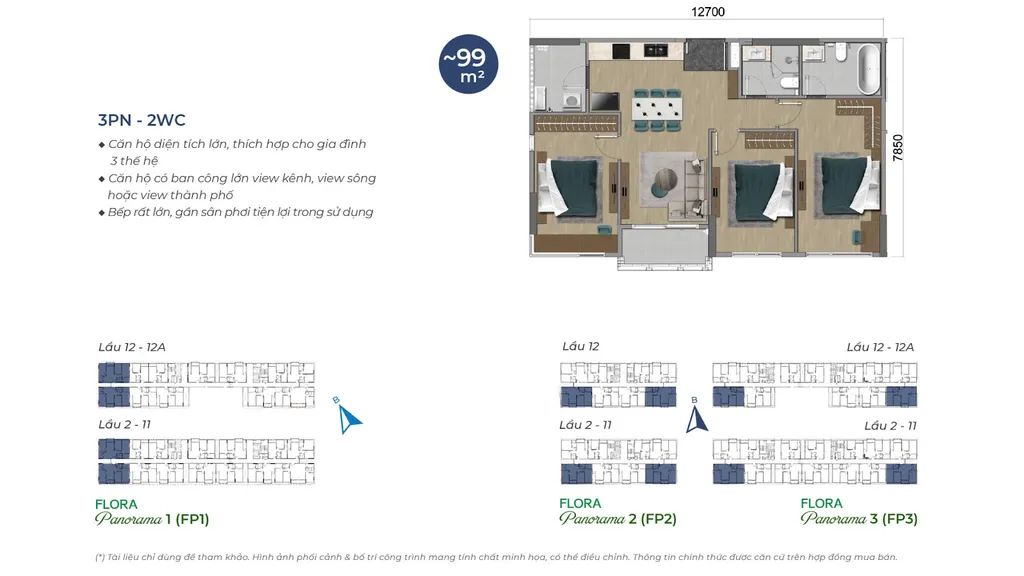 Mặt bằng căn hộ 3 phòng ngủ - 2 WC, diện tích 99m2 tại Flora Panorama 1-2-3 - Mizuki Park